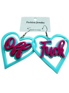 Large Cyan & Pink Heart "F=ck Off" Statement Earrings Bold and edgy oversized